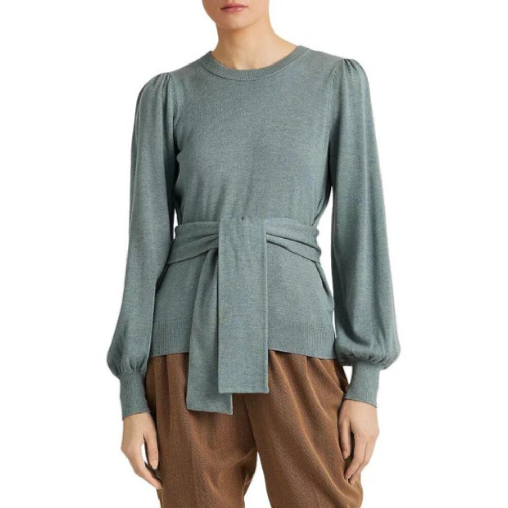 Lauren Ralph Lauren Green Crewneck Long Blouson Sleeves Belted Sweater Size XXS